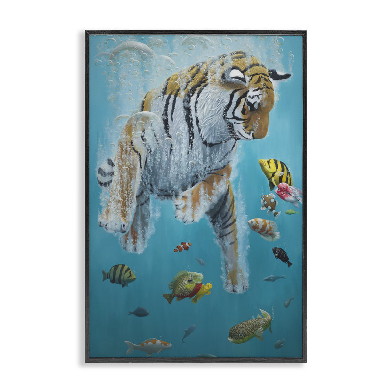 Swimming Tiger Among Fish Framed Giclee, design by Heather Gauthier, Midnight Black Framed Giclee, 18" H x 12" W