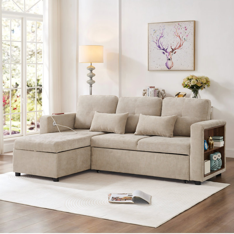 Convertible Sofa Bed With Reversible Storage Chaise And Usb, Beige