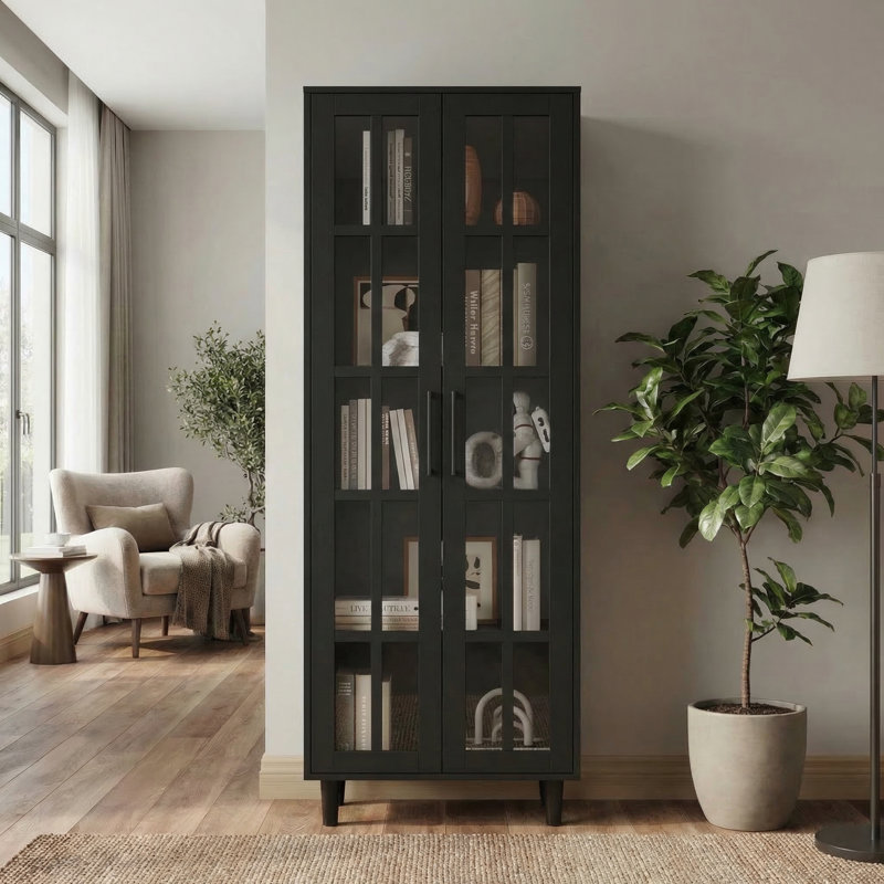 71'' H X 23.6'' W Kitchen Pantry With Bookcases, Glass Door Kitchen Storage Cabinet, Black