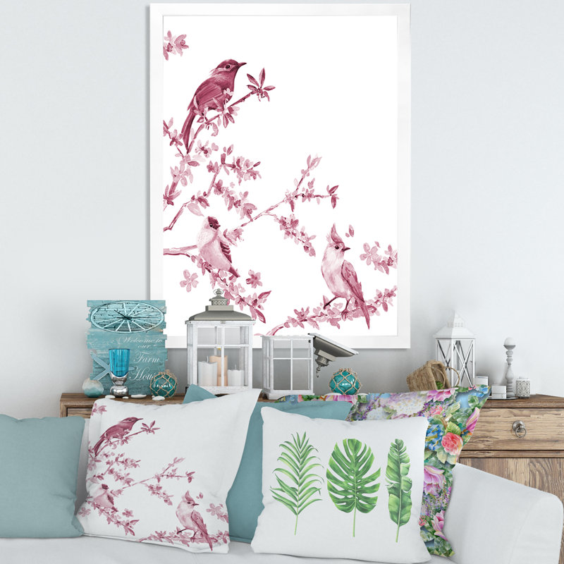 Beautiful Pink Birds - Peinture sur toile encadrée, H 20 po x l 12 po x P 1po, Cadre blanc