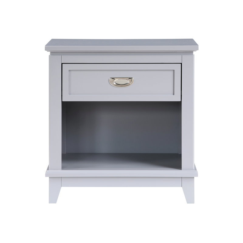 Table de chevet grise classique avec tiroir de rangement et tablette inférieure, poignées en nickel poli, prête à être utilisée dans la chambre à coucher, 1 pièce sans assemblage, H 26 po