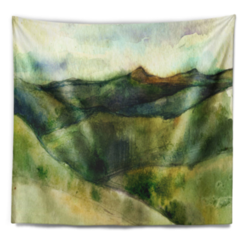 Tapisserie aquarelle montagnes vertes Landscape, H 50 po x l 60 po