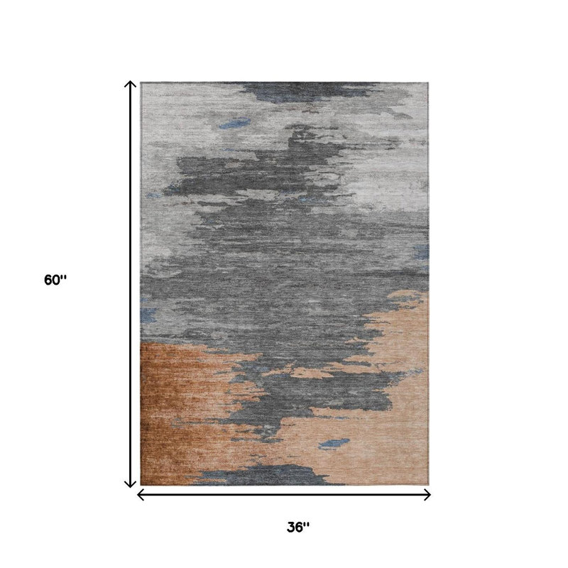 3' X 5' Rust And Gray Abstract Washable Indoor Outdoor Area Rug
