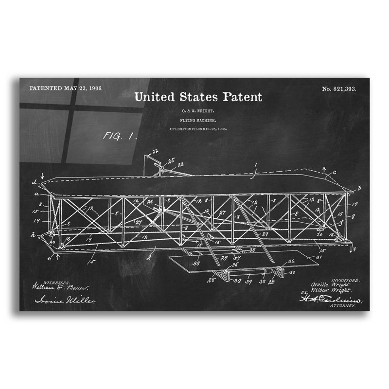 «Wright Bros. Flying Machine Blueprint Vernis,» par Art mural en verre acrylique, H 12 po x l 16 po x P 0,13 po
