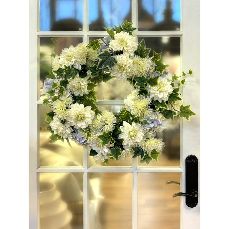 24" Spring Wreath with Dahlias, Hydrangeas and Ivy