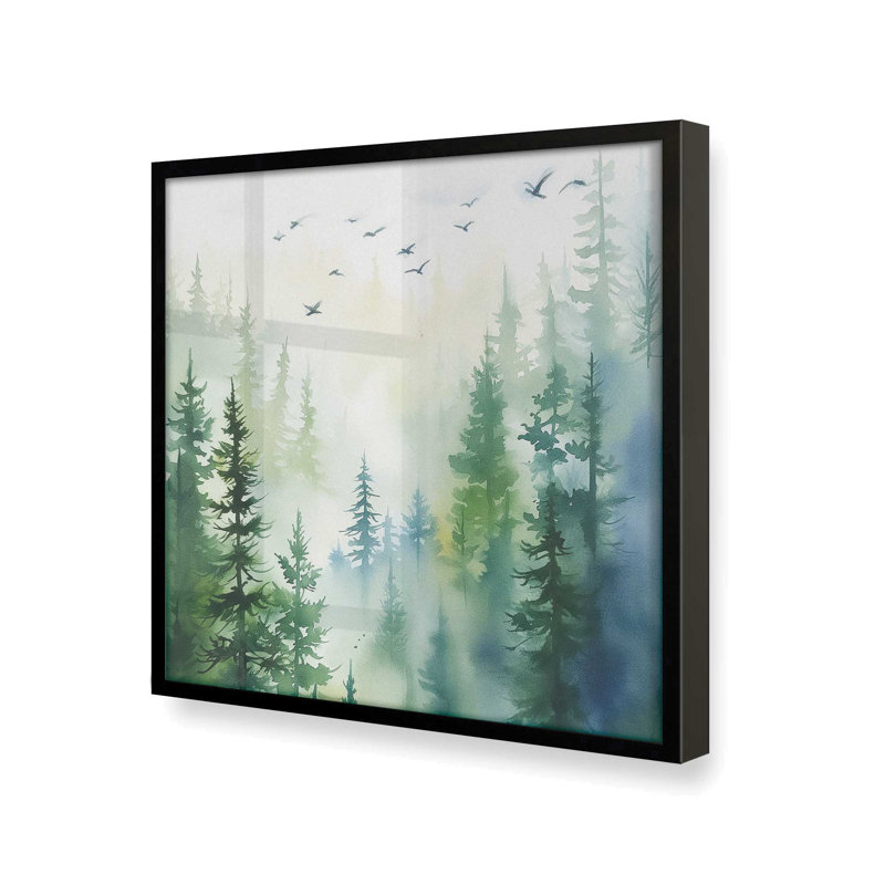 Oiseaux des bois dans la brume I, Cadre noir satiné, H 21,75 po x l 21,75 po