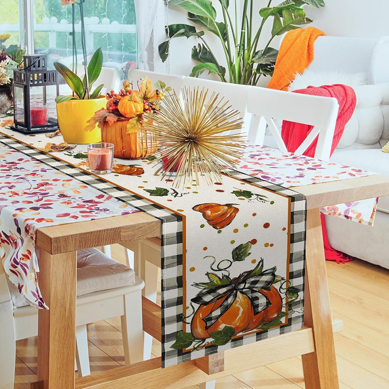 Pumpkin Bow Buffalo Plaid Thanksgiving Table Runner for Autumn Kitchen Dining Table Decor