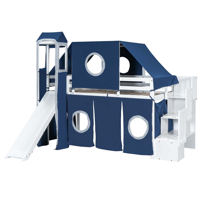 Lit mezzanine avec tente et tour, Bleu, Simple