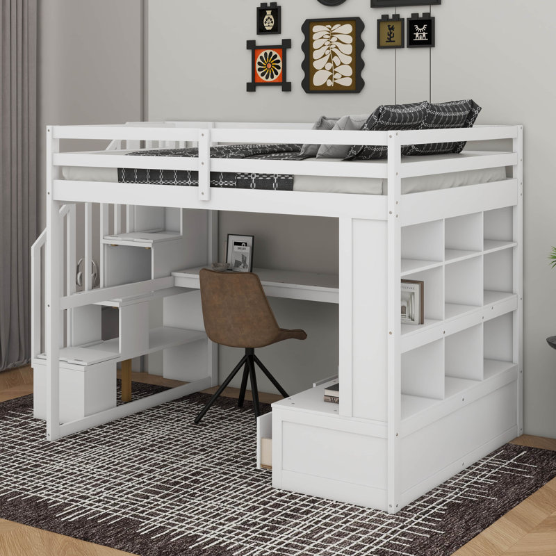 Lit mezzanine double avec bureau, tablettes et tiroirs, Blanc