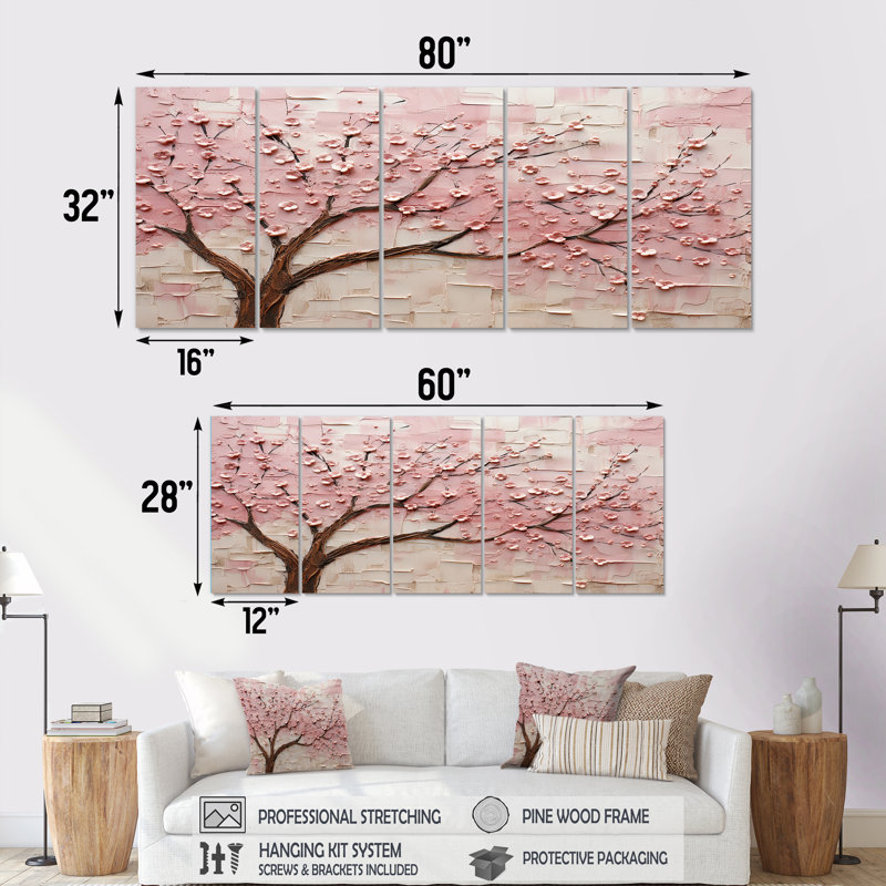 «Cherry Blossom Whisper» rose et blanc - ensemble d'art mural 5 pièces, H 28 po x l 60 po