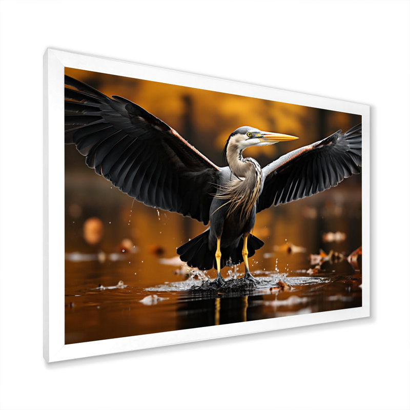 «Yellow Black Heron Elegance» dévoilé sur toile, H 24 po x l 32 po x P 1 po, Cadre photo blanc