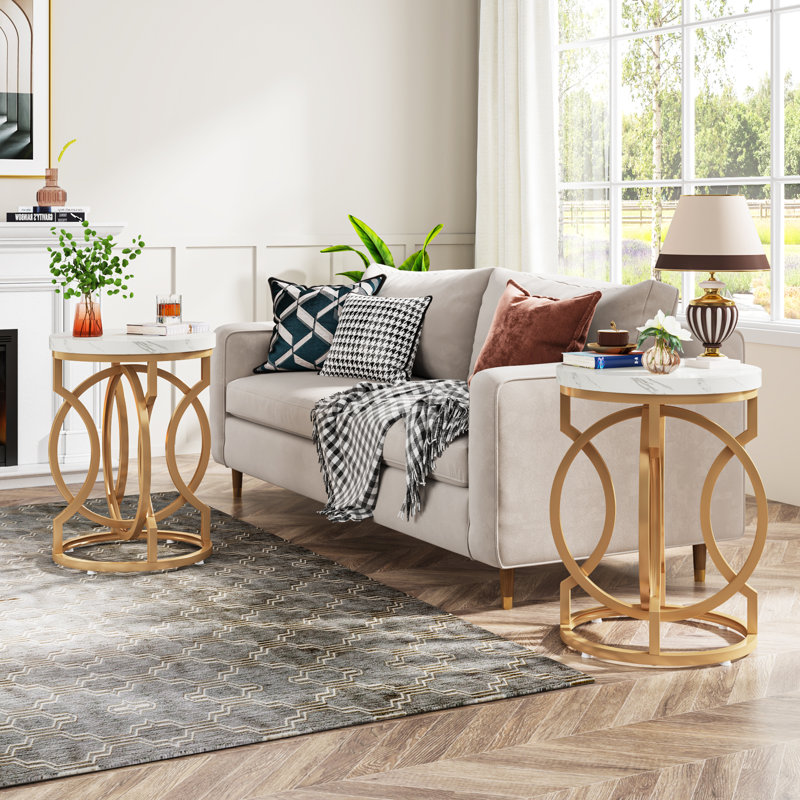Modern Round End Table Set Of 2 With Faux Marble Texture Surface, White And Gold 20" Round Side Table Cocktail Table Accent Table