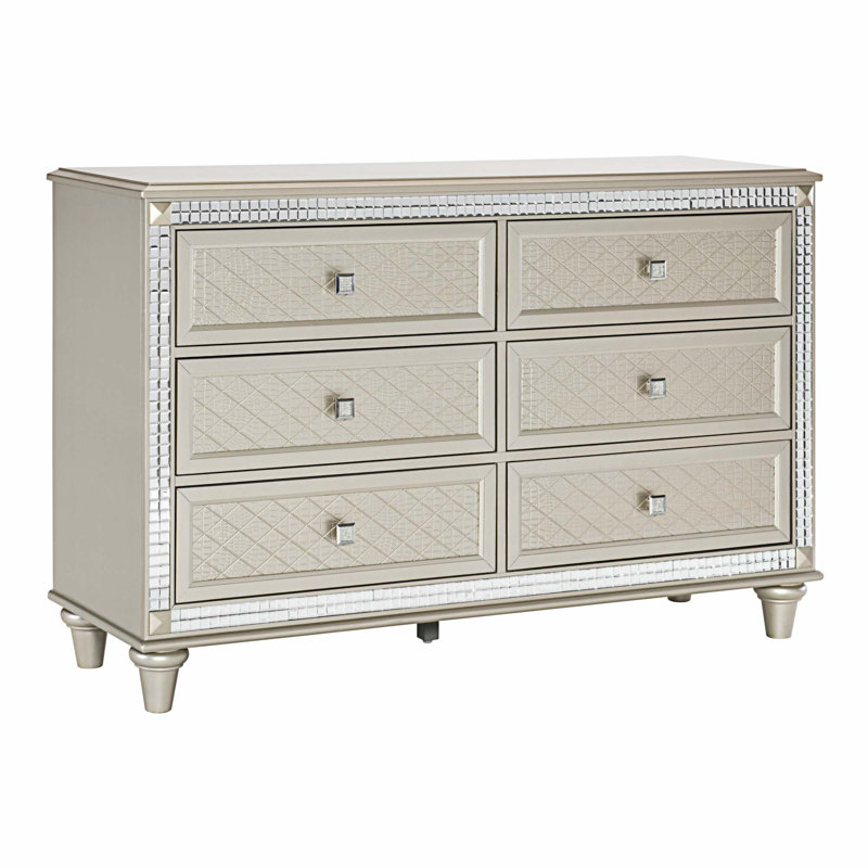 Commode de luxe à finition champagne de 6 tiroirs 1 pièce Glamour Crystal