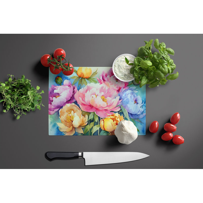 Peonies in Watercolor Glass Cutting Board Large