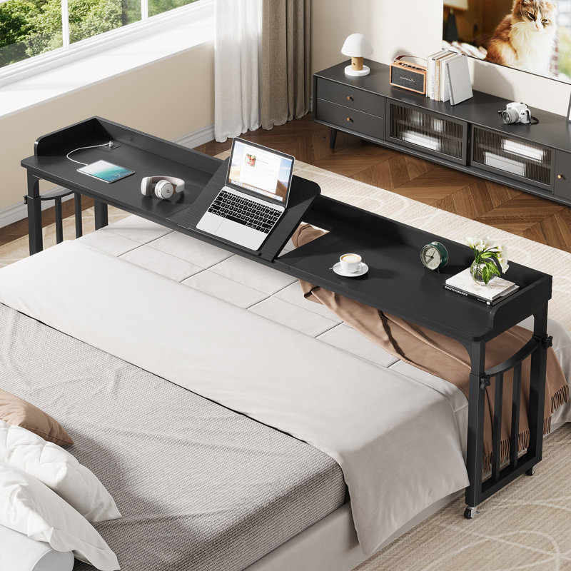 87'' W Height Adjustable Overbed Table With Power Outlet For King Size Bed, Writing Desk, Black