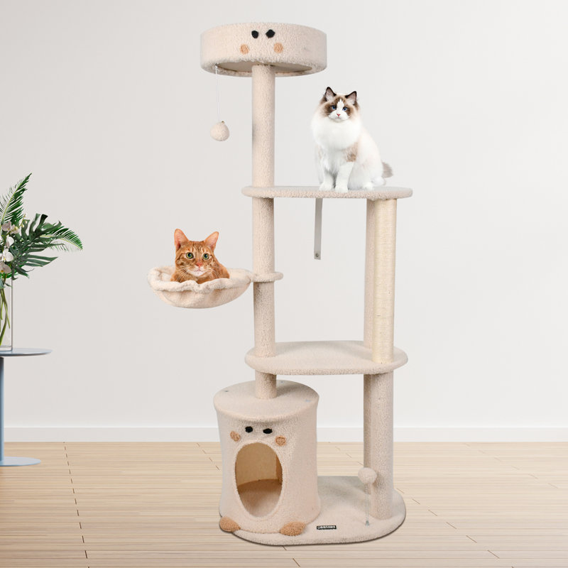 Arbre à chat et hamac en fausse fourrure multi-niveaux avec hamac GOOPAWS, Crème, crème