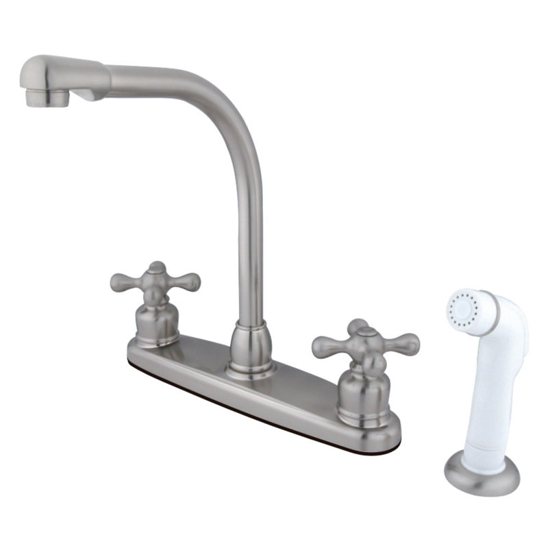 Kingston Brass Victorian Two-Handle 4-Hole 8" Centerset Kitchen Faucet with Side Sprayer, Brushed Nickel