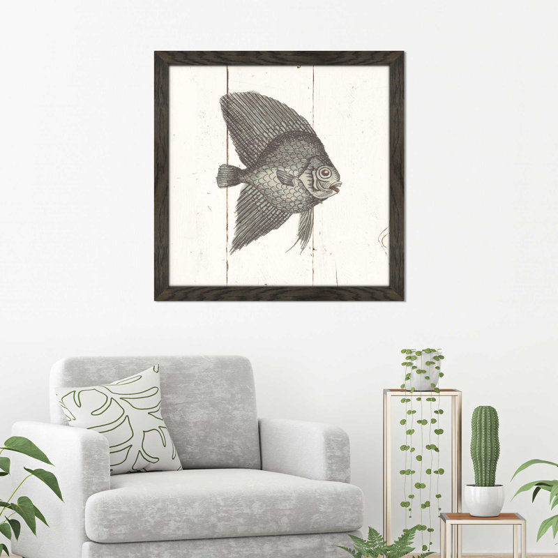 « fish sketchs iii shiplap », reproduction de dessin, H 21,5 po x l 21,5 po x P 0,75 po, Cadre chocolat patiné