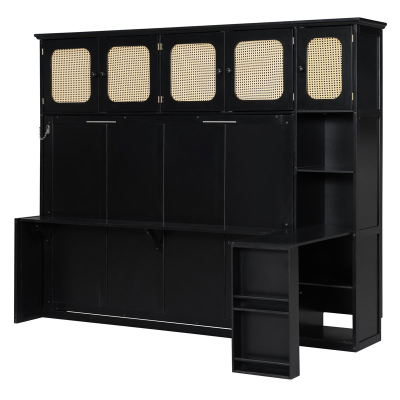 Lit escamotable double avec bureau et armoires en rotin, lit mural peu encombrant pour bureau à domicile, noir, Black
