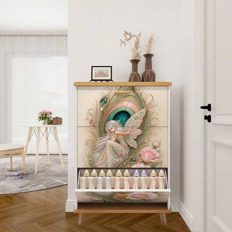 Armoire de rangement pour chaussures avec 3 tiroirs rabattables pour ailes de papillon fantaisie féerique entourée de paon