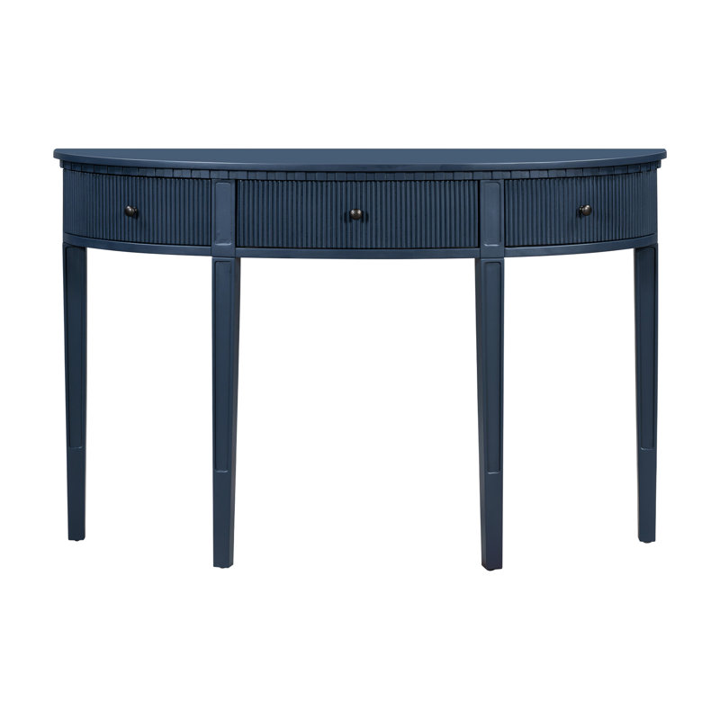 Console verticale en placage de pin à rayures avec quatre pieds, trois tiroirs, bleu marine, élégant et polyvalent pour les espaces principaux