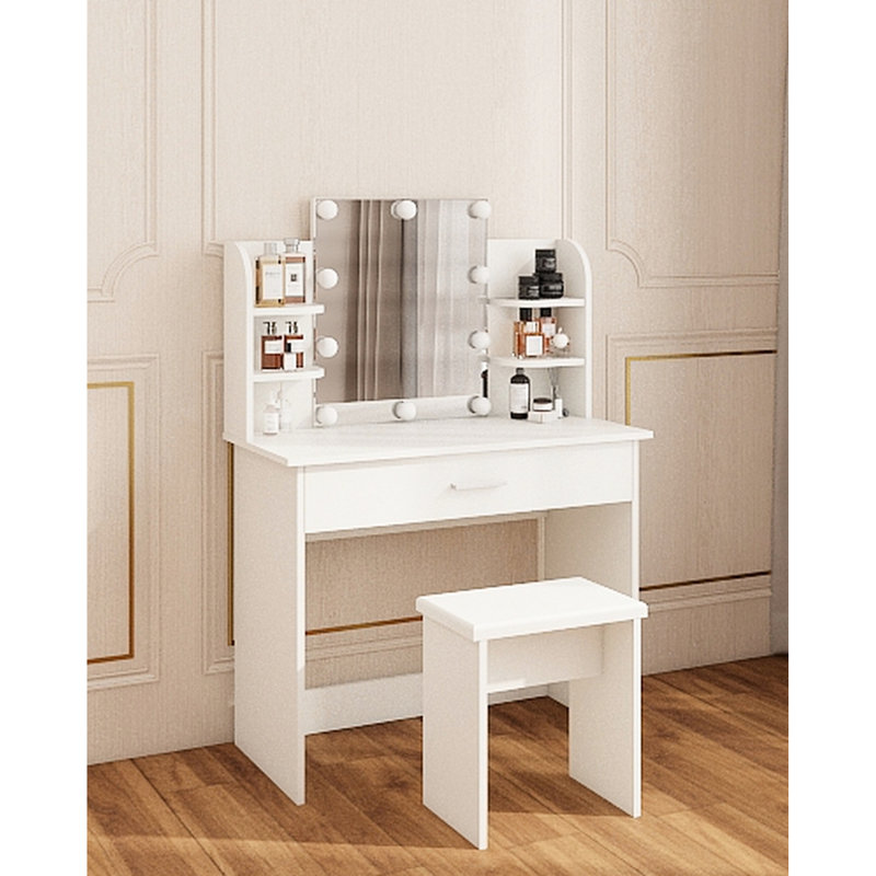 Table de coiffeuse avec un tiroir, miroir réglable, amplement de tablettes ouvertes, tabouret confortable, design moderne, blanc antique, panneau de particules +, table de miroir avec tiroir d'une hauteur de 50,06 po, rangement élégant assorti