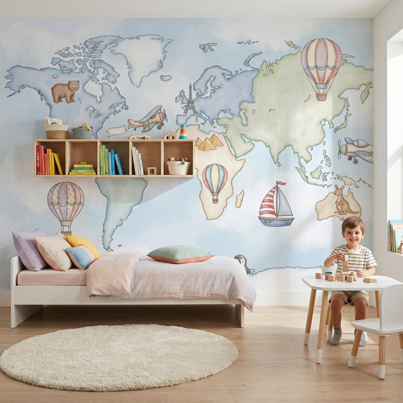 Papier peint carte du monde fantaisiste, montgolfières, 160 po x 108 po, Peler et coller