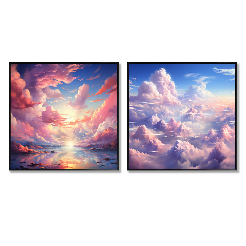 Kawaii Landscape Clouds - Clouds Square Collage, ensemble de 2, Cadre flottant noir, H 16 po x l 33 po