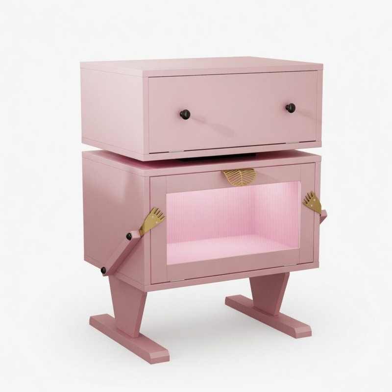 Table de bout moderne 20,7 po de large avec DEL rose et tiroir rotatif à 360 °, Pink