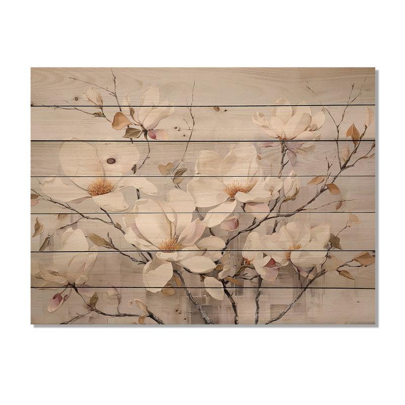 «White Elegance In Magnolias», art mural en bois de magnolia sur bois de pin naturel, H 24 po x l 32 po
