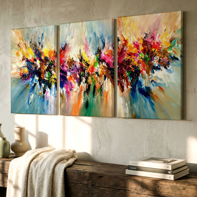 3 pièces éclatantes, éclatantes, colorées, explosion, grand art mural pour la décoration de salon, trois pièces d'art mural pour le salon, la chambre à coucher et le bureau