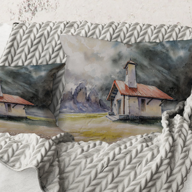 Carré, maison rustique au sommet d'une montagne pendant la tempête - Coussin décoratif à imprimé champêtre, 16" x 16"