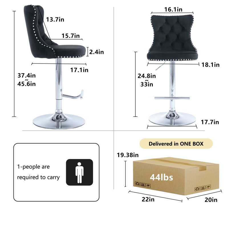 Ensemble de 2 tabourets de bar pivotants rembourrés et capitonnés, Noir, noir, noir, noir