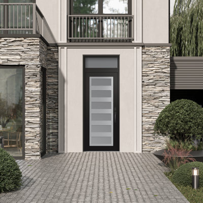 C9 Left-Hand 36 In. X 96 In. Panel Silver Steel Black And White Frosted Glass With Transom Frosted Glass Prehung Front Entry Door