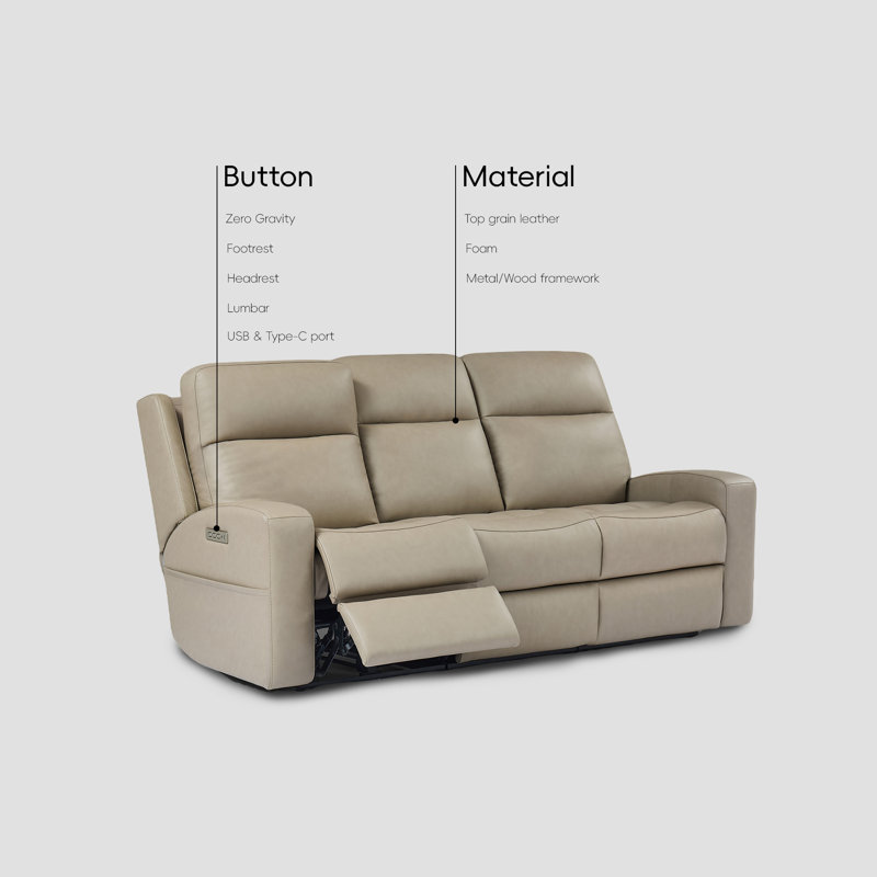 Genuine Leather And Zero-gravity Reclining Sofa with Thriple Power, Light Beige Genuine Leather
