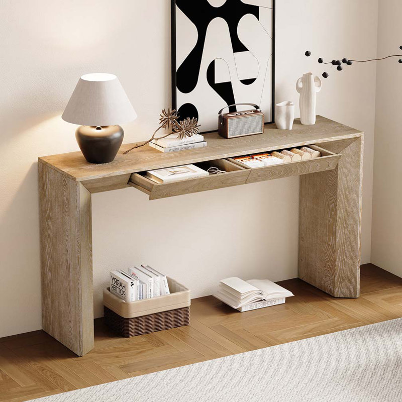 Rectangular Top Console Table with 2 Concealed Drawers, Thickened Legs, Natural
