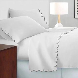 Allena 400TC Cotton Scallop Embroidery Sateen Cotton 4 Piece Sheet Set Fitted Sheet Fits Upto 16" Deep Pocket, Dark Grey