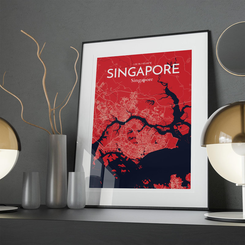 Carte de la ville de Singapour, impression, Rouge / Bleu marine, H 27,6 po x l 19,7 po