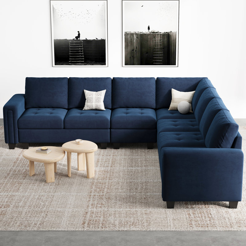 Shavera 6 - Piece Velvet Large L Shaped Corner Sectional Sofa Solid Wood Livingroom Couch, Blue Velvet