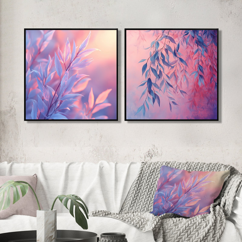 Coucher de soleil, feuilles de saule I, art mural - ensemble de 2 décorations murales traditionnelles, H 16 po x l 33 po