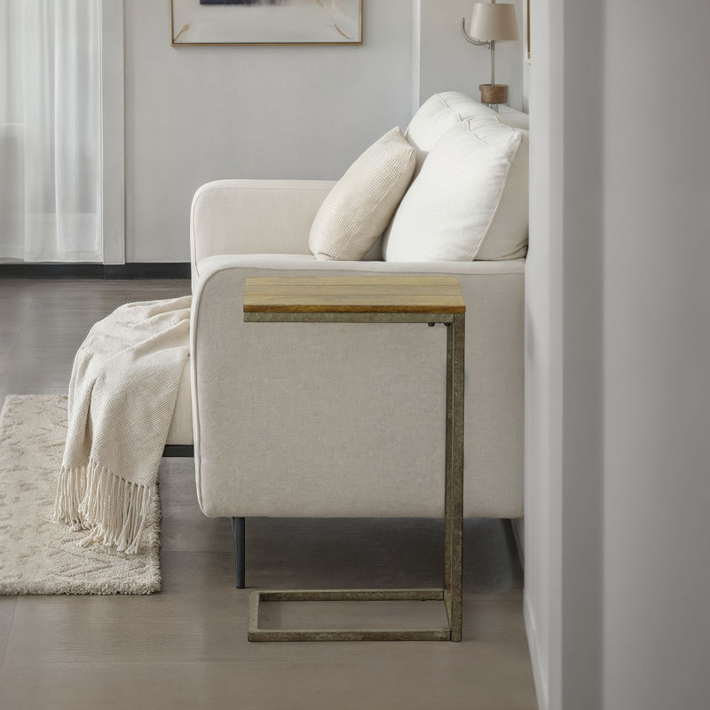 Modern Brown 10" Wide x 25.3" High Side Table with Space-Saving Sliding C-Shape Base, Aged Iron, Harvest Oak