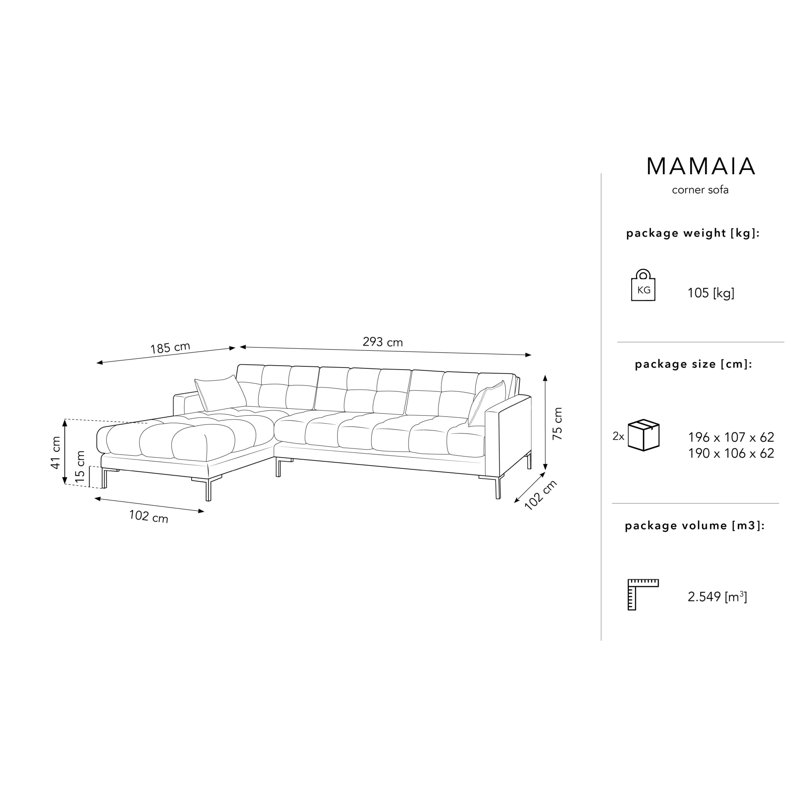 Adoraim 5 Seater Corner Sofa , Left Hand Facing, Black, Light Beige