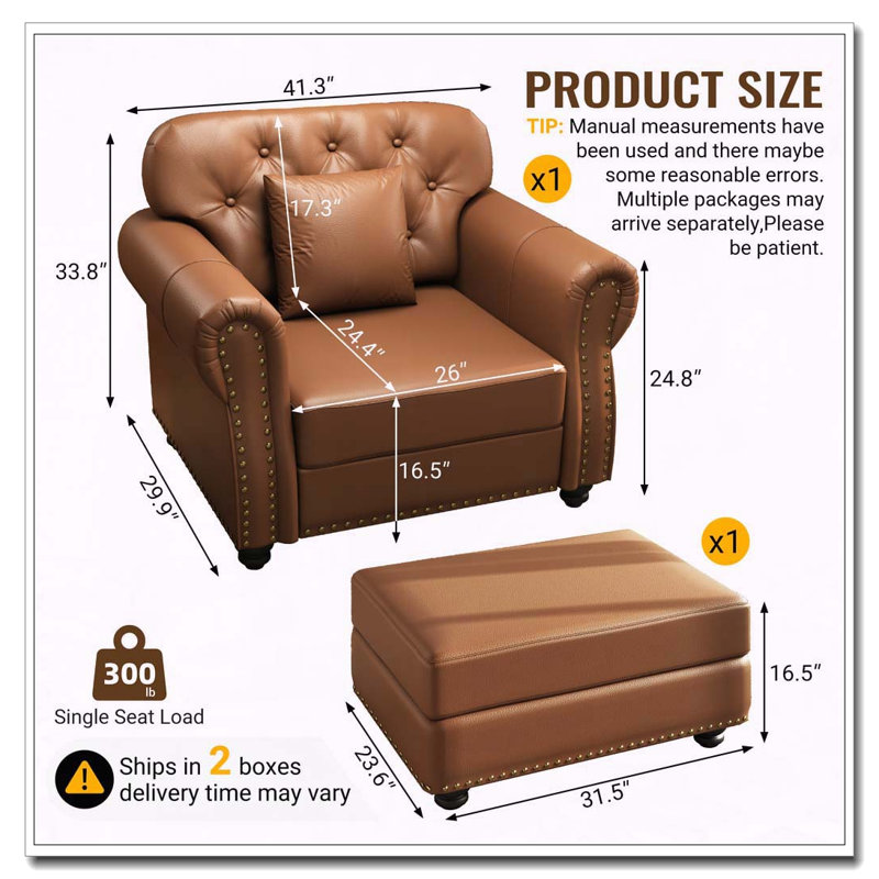 Chaise rembourrée 41,3 po, Brun avec repose-pieds, 1