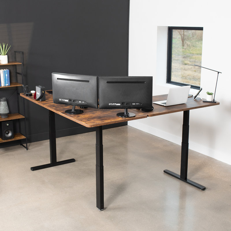 Vintage Brown and Black Adjustable Height L-Shaped Computer Desk