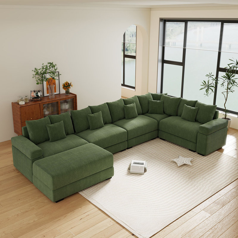 155" Oversized Cloud Modular L-Shape Sectional Sofa with Ottoman, Soft Corduroy Fabric, Green Corduroy