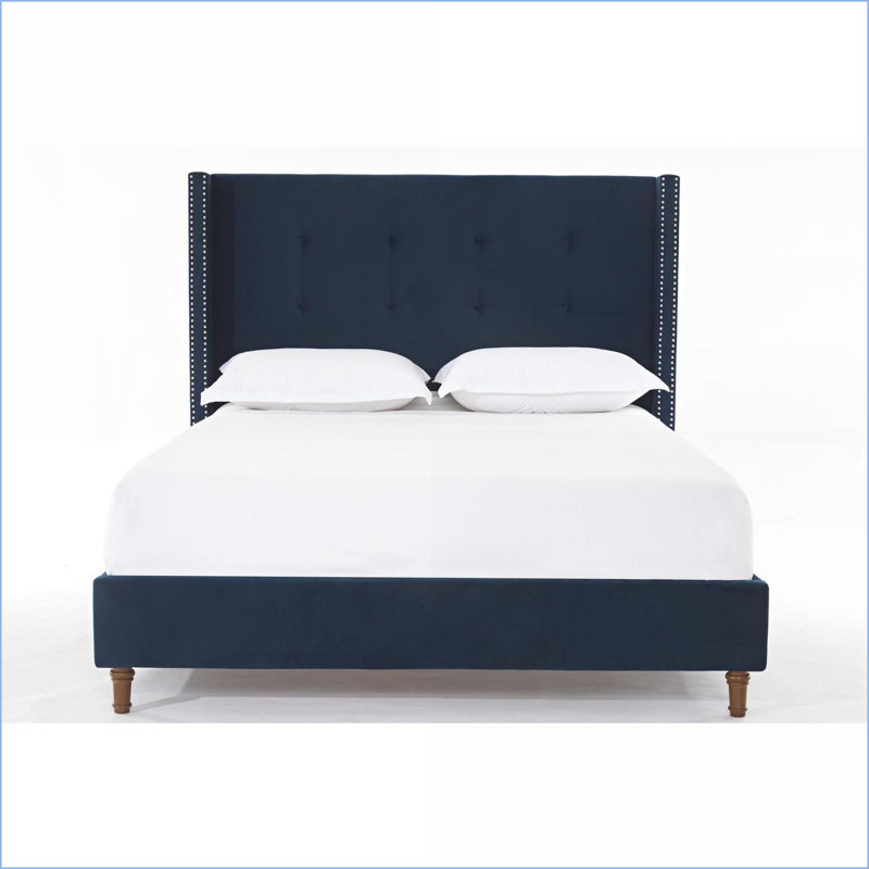 Base de lit tapissier grand format en velours bleu - tête de lit à oreilles capitonnée de 54 po, aucun sommier requis, Bleu
