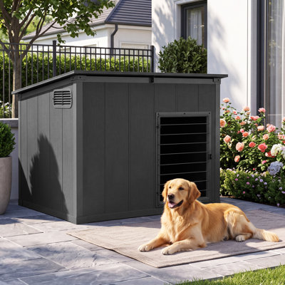 Grande niche d'extérieur pour chien avec toit ouvrant, en PEHD résistant aux intempéries, avec ventilation, porte verrouillable et finition imitation bois pour terrasse de jardin.