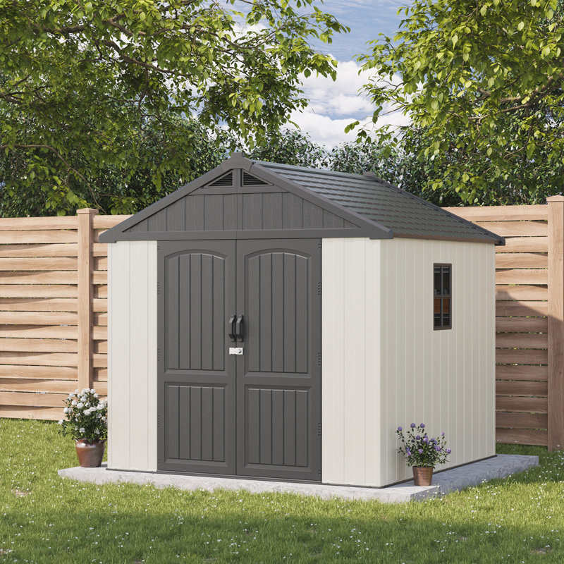 8 Ft. W X 8 Ft. D Plastic Storage Shed With Floor, Resin Shed With Reinforced Steel Structure, Beige