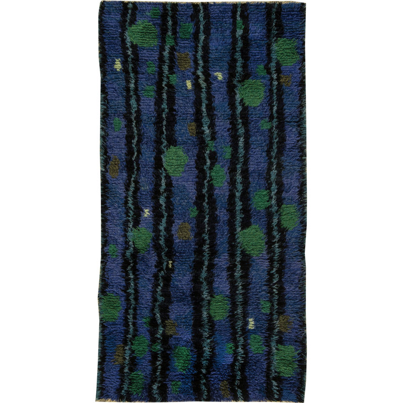 Tapis vintage suédois Mid-Century rétro en bleu lapis / vert émeraude / noir Vintage 4 pi 5 po x 8 pi 6 po