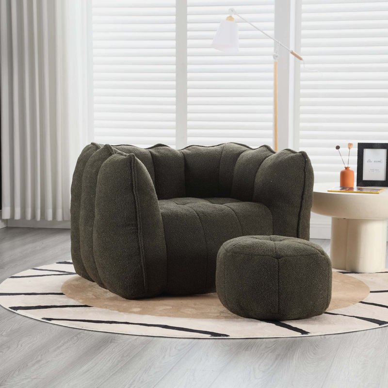 Comfortable Lazy Sofa with Footstool,Soft Bean Bag Chair for Living Room, Olive Green Chenille, 26" H x 42.5" W x 33.5" D